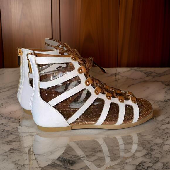 New 7 Vegan White Tan Lace Up Gladiator Beach Hight Top Sandals Ankle Strappy - Picture 4 of 6